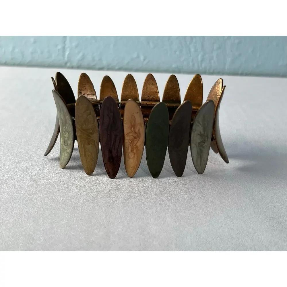 VTG Copper Tone Enamel Convex Panels Stretch Bracelet Boho MCM Tribal